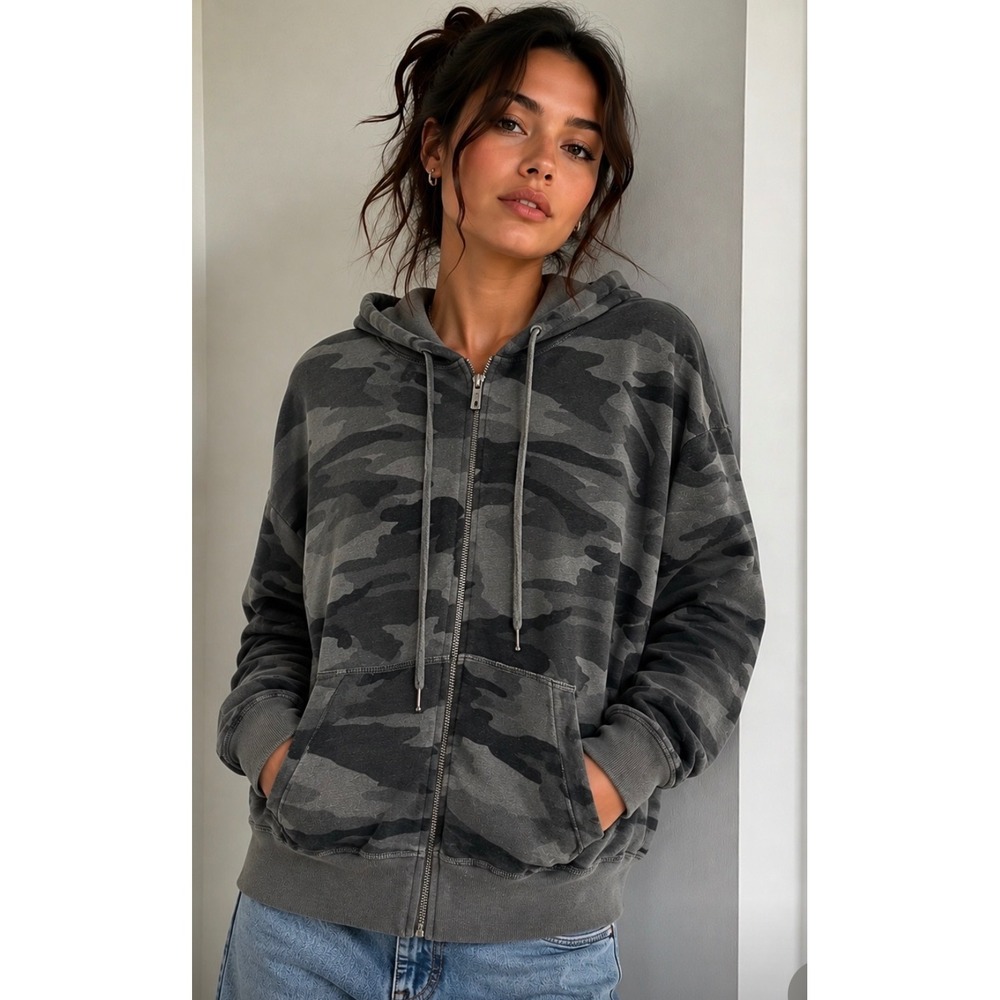 Splendid Womens super soft Camo Zip Up Hoodie grey/green faded Camouflage XS